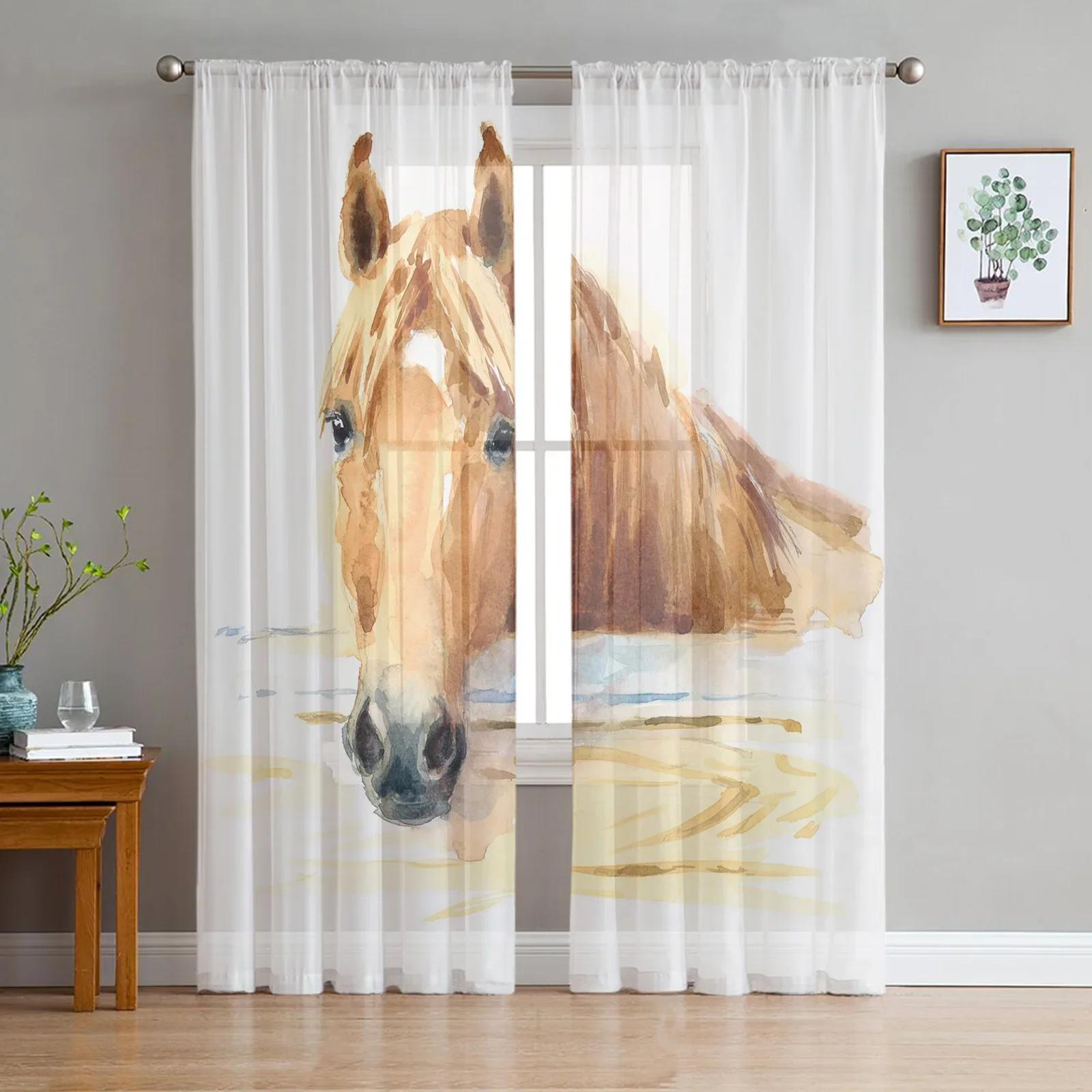 Laufende Pferd Tier Sheer Vorhänge Wohnzimmer Fenster Tüll Vorhänge Für Schlafzimmer Küche Home Dekoration Voile Vorhänge W135 x H115cm x1&Grommet Top beige