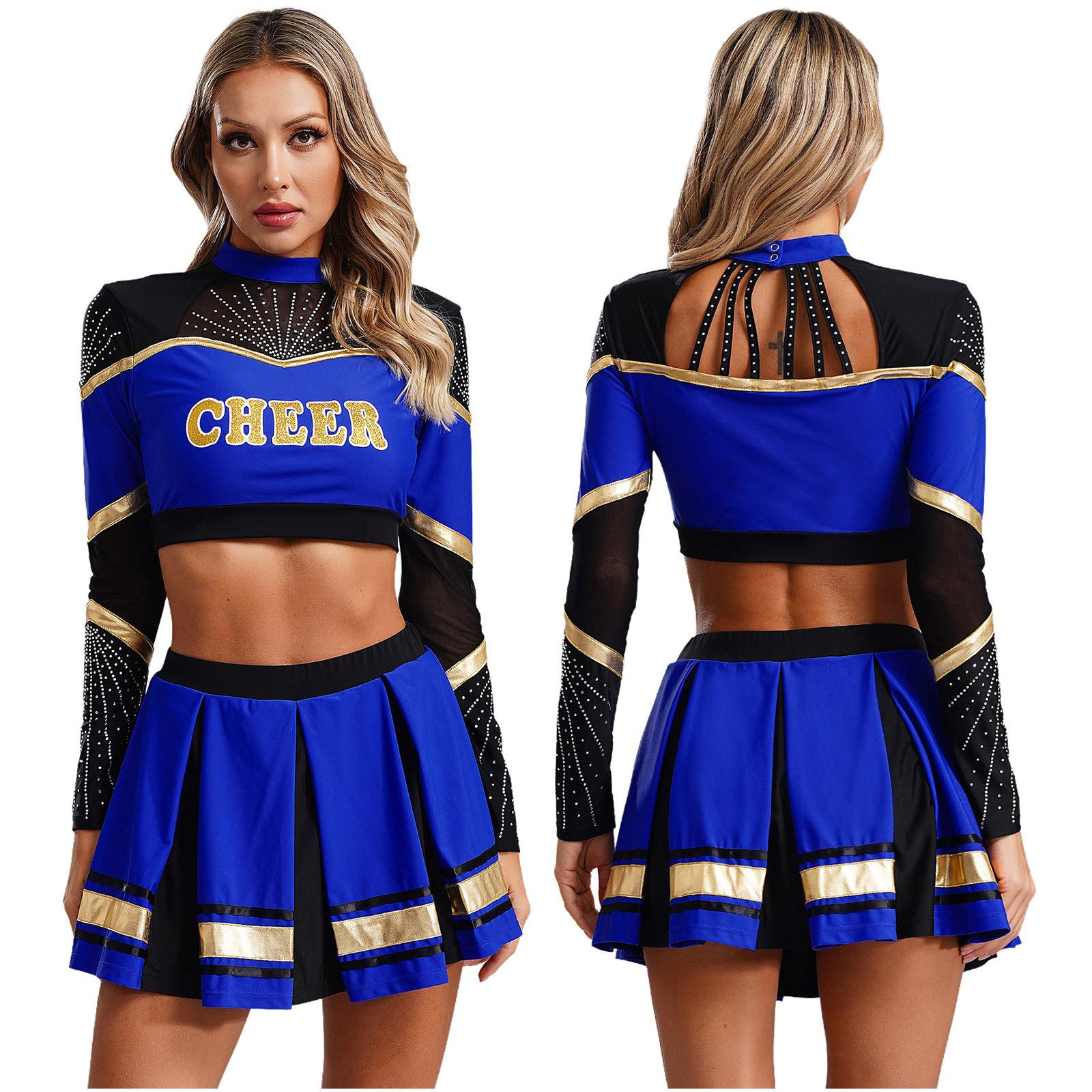 Cheerleader-Kostüme für Damen, Cheerleading-Uniformen, langärmeliges bauchfreies Top, plissierter A-Linien-Minirock, Performance-Tanzkleid S blau