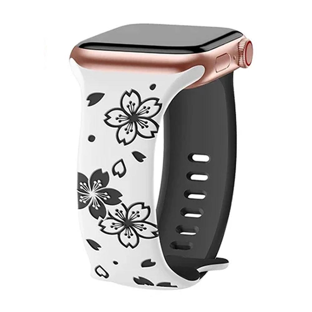Weiches Silikon-Loop-Armband für Apple Watch Ultra2 49 mm 41 mm 42 mm 44 mm 45 mm 40 mm 38 mm Armband für Iwatch Serie 6 5 4 Se 7 8 9 Armband mit Blumengravur For 42mm 44mm 45mm schwarz