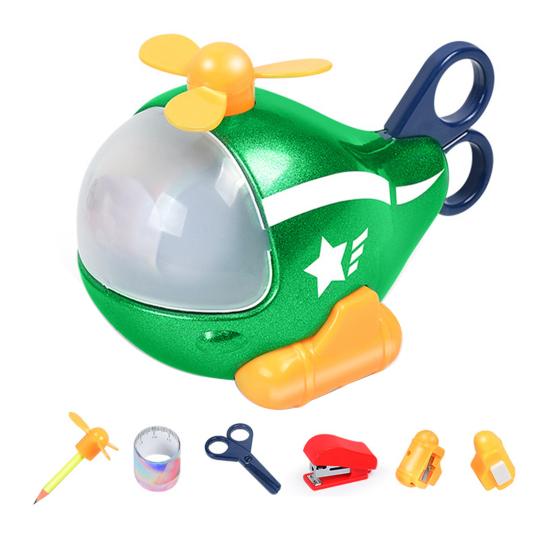 Cartoon-Helikopter-Spielzeug mit Bleistift, Lineal, Schere, Anspitzer, Radiergummi, Hefter, 6-in-1-Kinderschreibwaren, Flugzeug-Dekoration, Schulbedarf für Schüler grün