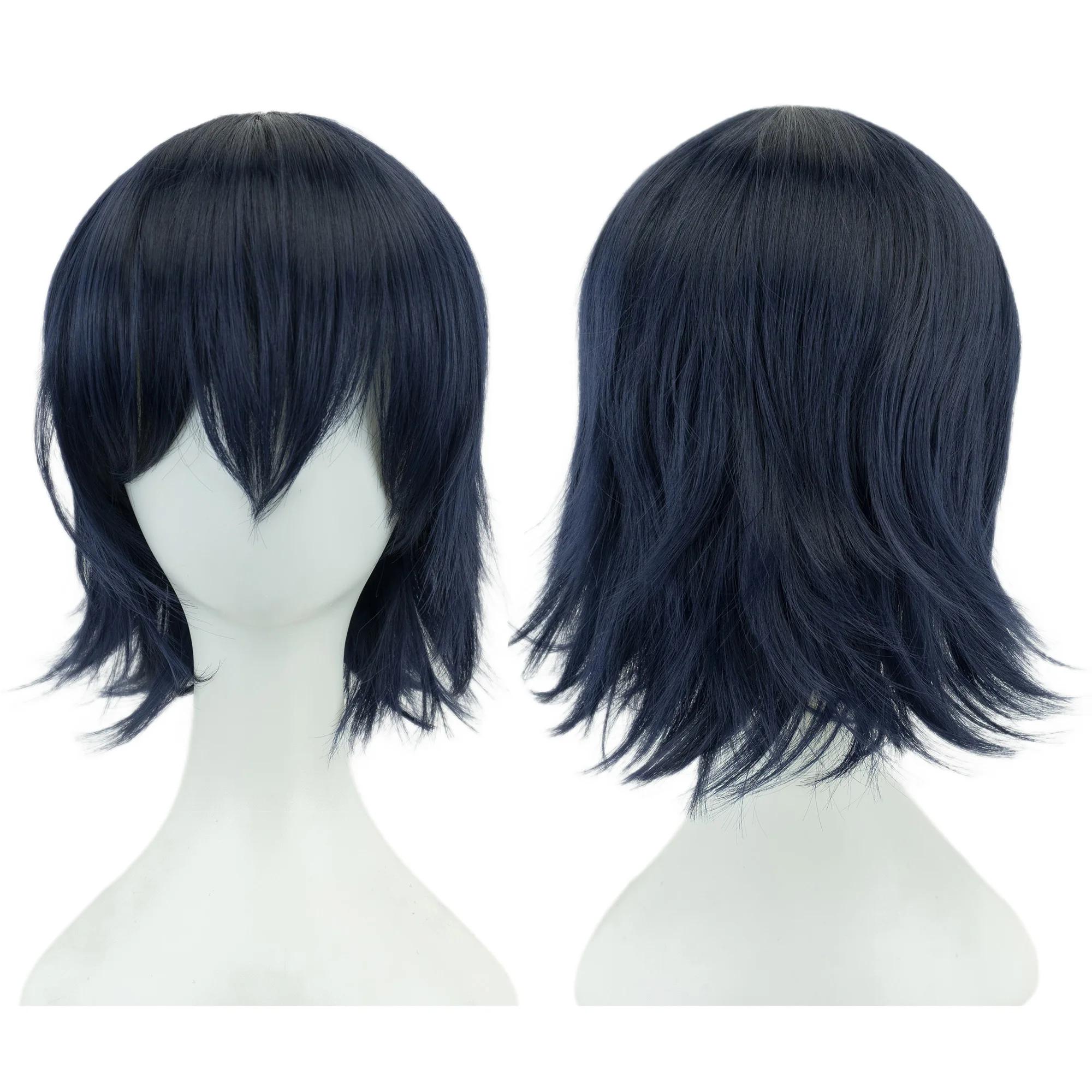 Synthetische Unisex 12 Zoll Kurze Cosplay Haare Party BOB Perücken mit Pony Rosa Blond Orange Halloween Kostüm Lolita Perücke Dark Blue-12inches