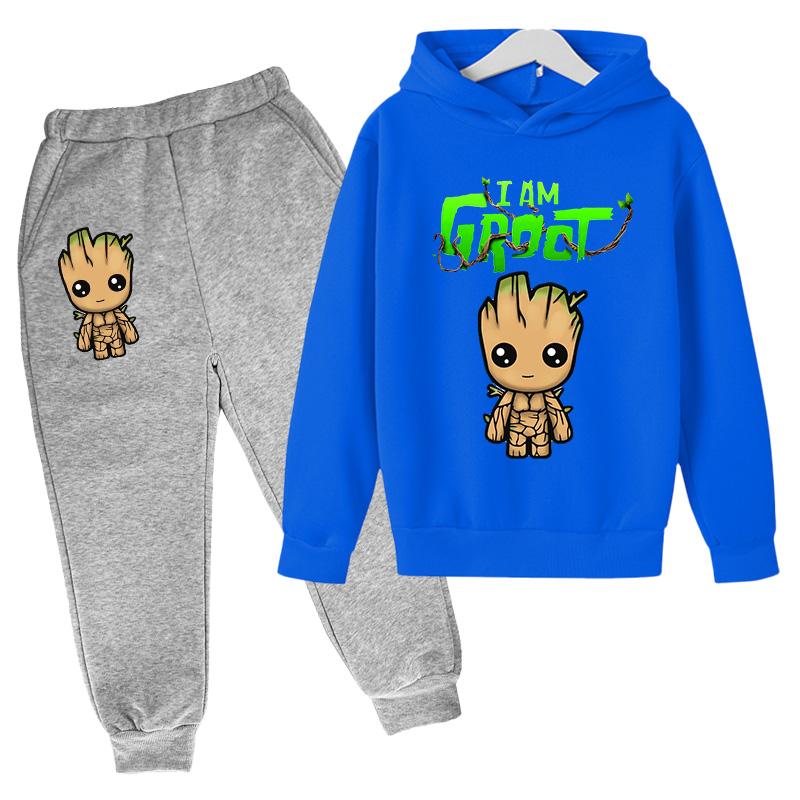 Kawaii Baby Marvel Groot Hoodie Kinder Mode Street Hoodie+Hosen Anzug Lässig Jogging Sweatshirt Ich Bin Groot Lustig Cartoon G 130 lavendel