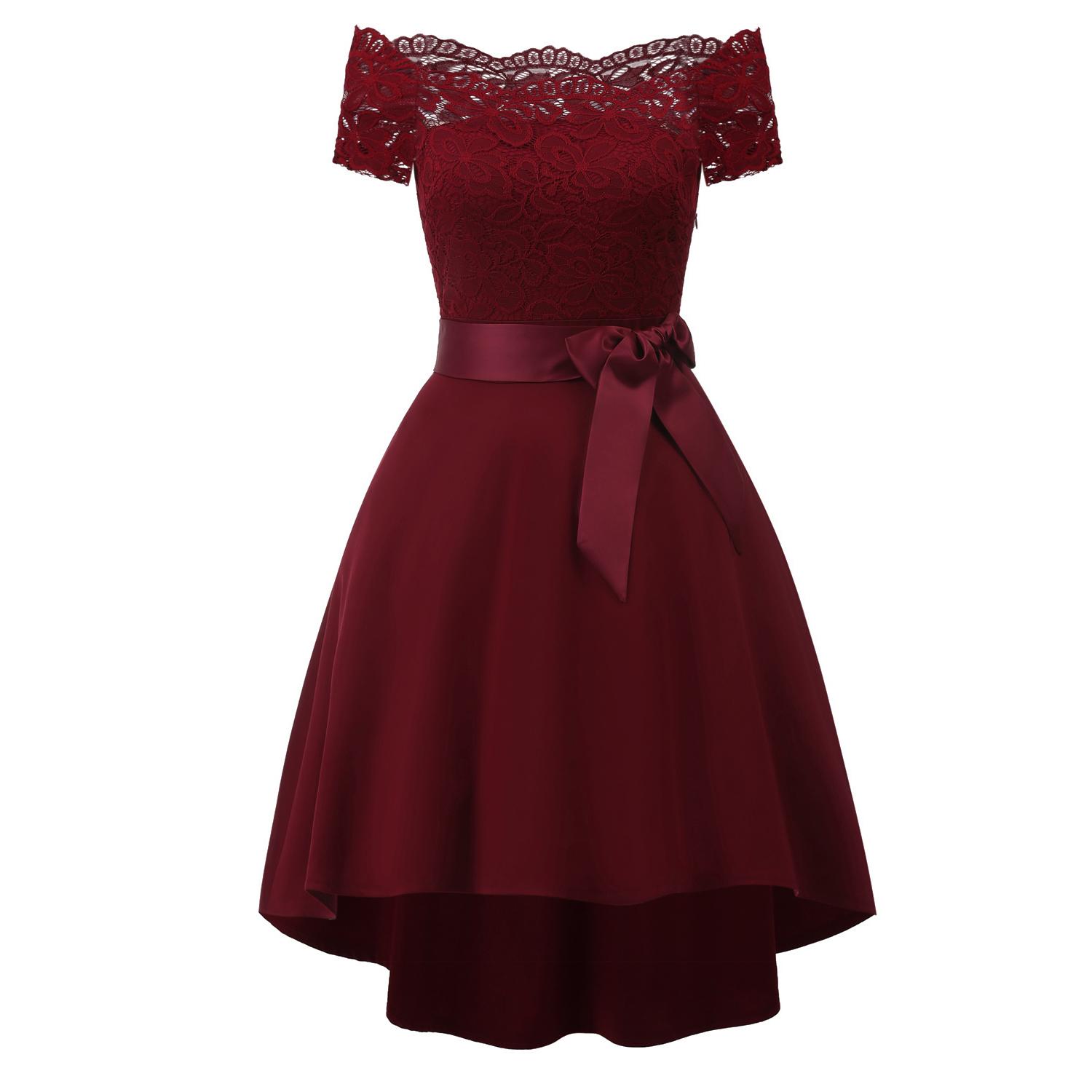 Damen-Midikleid mit Spitzen-Muschel-Bardot-Ausschnitt, hohem, tiefem Saum, kurzes Abendkleid, Party, Brautjungfer, Hochzeit, Gast, Cocktail, Promi, elegante Anlässe S bordeaux