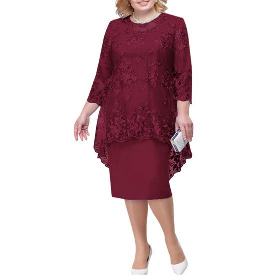 Oansatz Hohe Taille Plus Größe Midi Kleid Stickerei Spitze 3/4 Hülse Dame Abendkleid Weibliche Kleidung 3XL wein rot