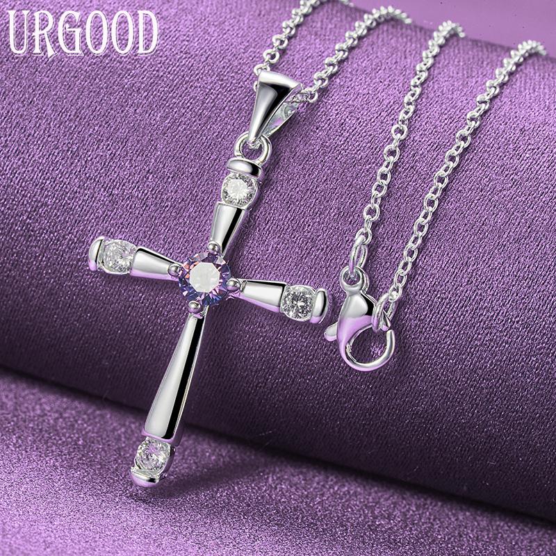 925 Sterling Silber Kreuz Lila Zirkon Anhänger Halskette Hochzeit Modeschmuck 45cm