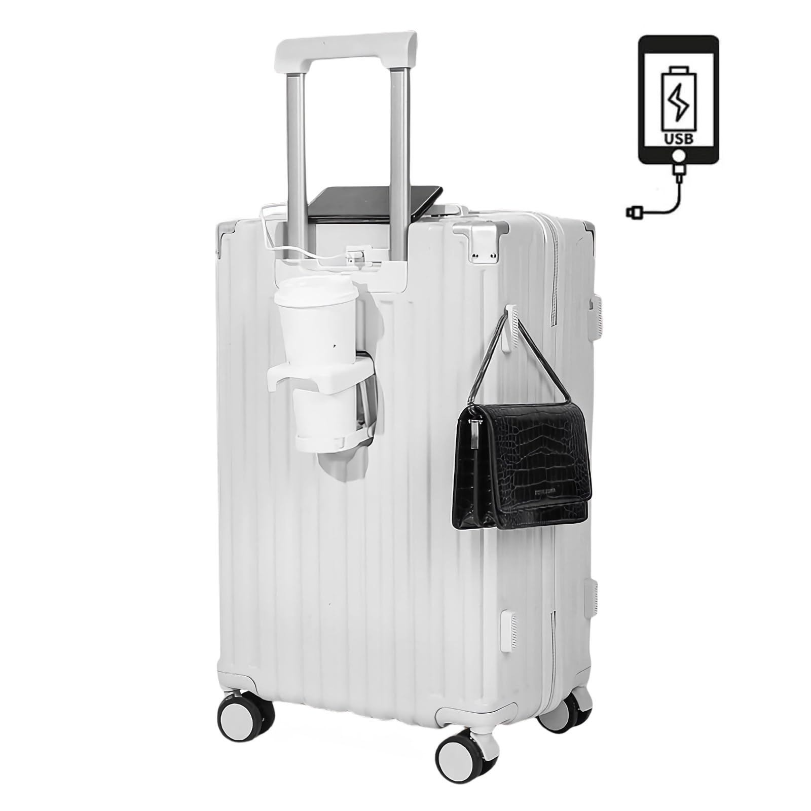 Tragetasche mit USB-Tragetasche mit Becher, versteckter Haken, Aufladen, doppelt, 360 Grad, Geschäftsreise [SUPBOX] Koffer, Handgepäckanschluss, Halterung, Funktion, weiß