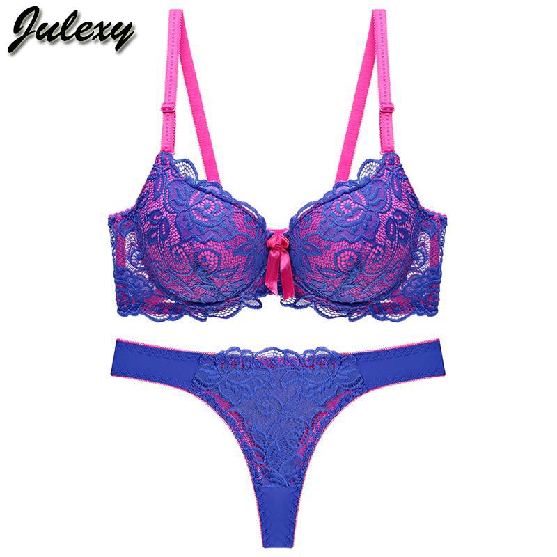Julexy Neue 2021 Sexy Spitze Frauen bh set tanga aushöhlen bh Panty Set dessous kurze set 85C blau