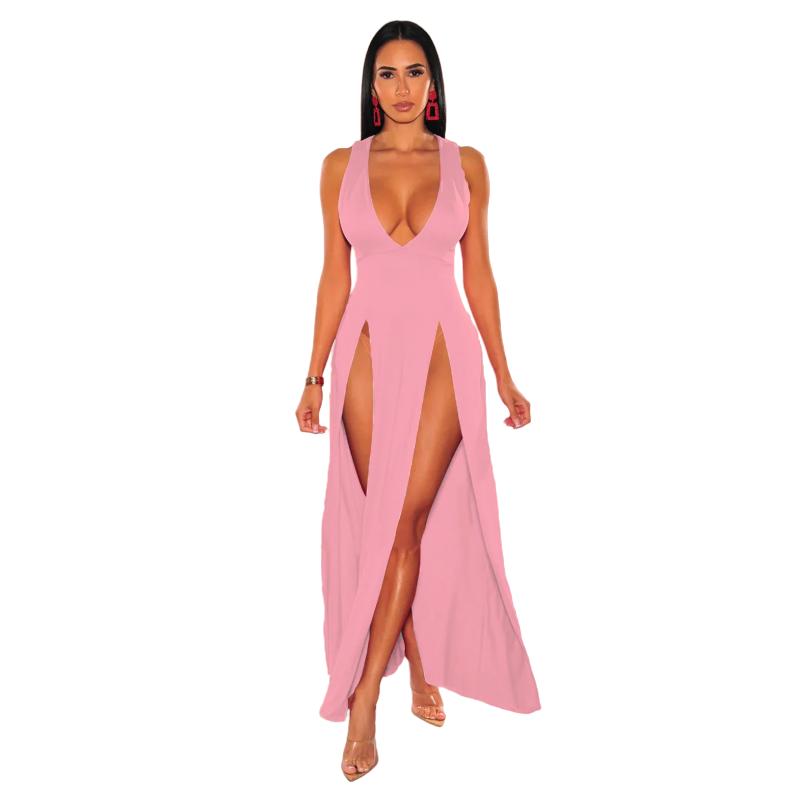Neuheiten Damen Sexy High Split Kleider Ärmellos Tiefem V-Ausschnitt Hoher Schlitz Lange Party Bodycon Rote Sommerkleider XS rosa