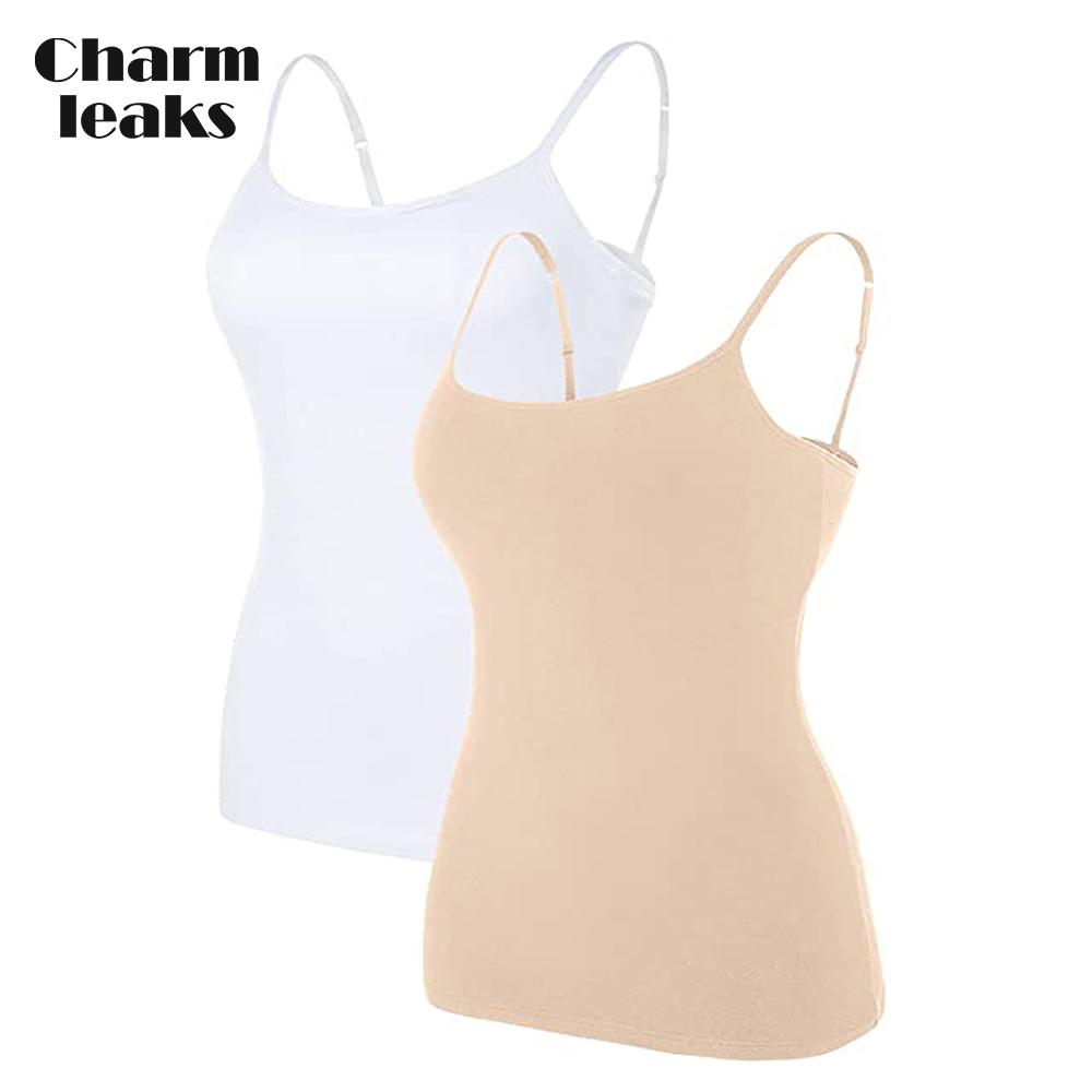 Charmleaks Damen-Unterhemd aus Baumwolle, Damenunterwäsche, Nachtwäsche, Unterwäsche, Hebe-BH, solides Basic-Tanktop, 2er-Pack S helle khaki/weiß