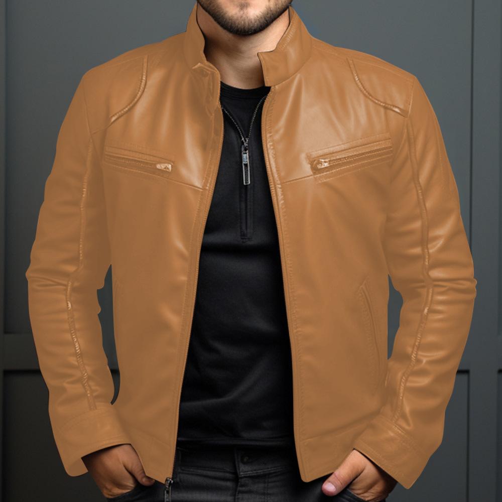 Herren Business Lederjacke für Frühling und Herbst, Modische Stehkragen Freizeit Lederjacke für Herren M khaki
