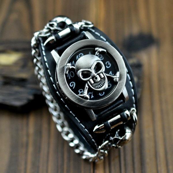 Mode Herren Damen Schwarz Punk Rock Retro Unisex Kette Totenkopf Leder Armbanduhren Gothic Armband AVE