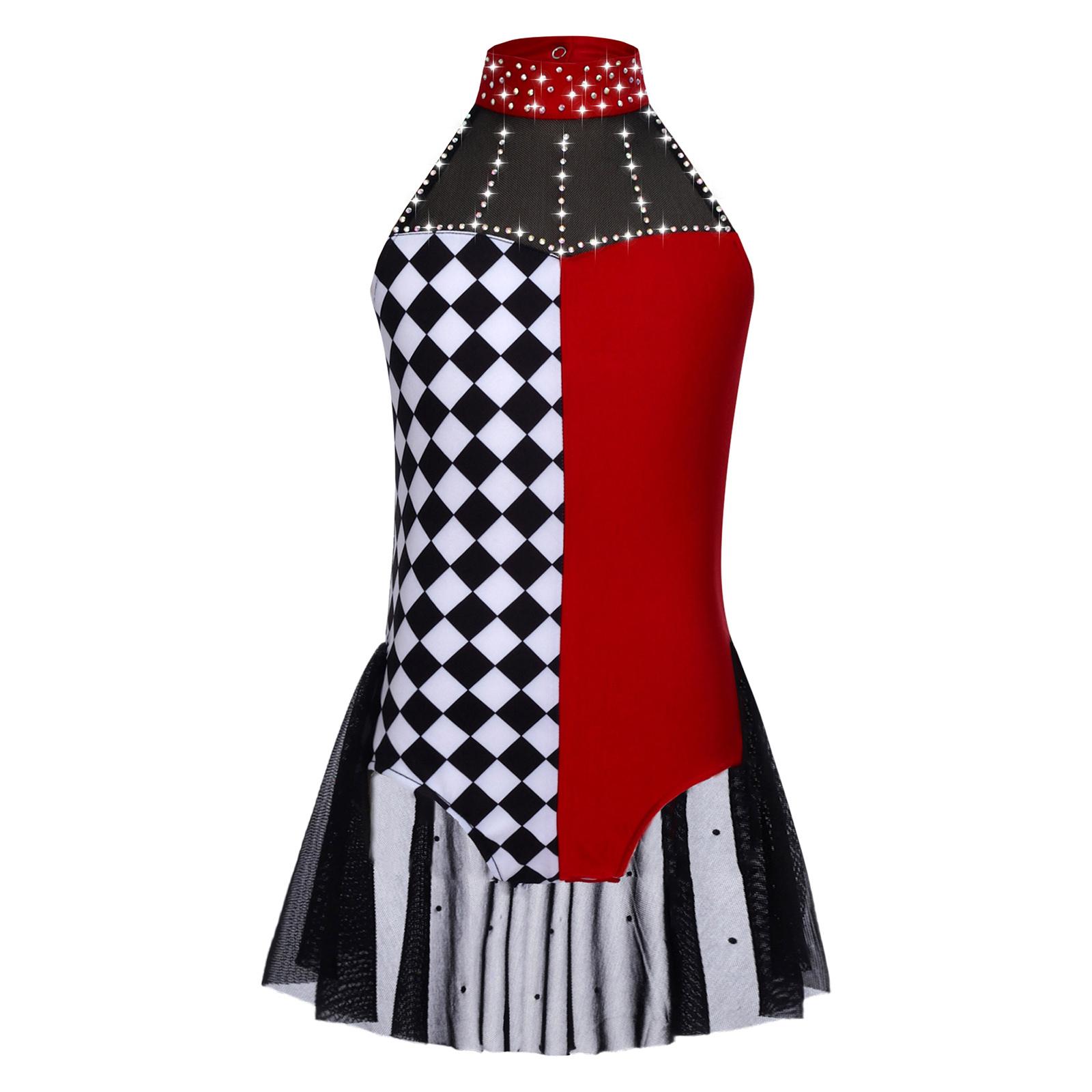 Mädchen Clown Kostüm Colorblock Patchwork Strass Dekoration Turnanzug Neckholder Ärmellos Rückenfrei Taille Netzüberzug Jumpsuit 15-16 Years bordeaux