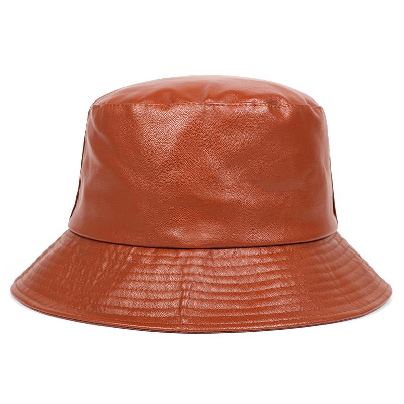 Bucket Hat Kunstleder Bucket Hats PU-Leder Solid Top Herren- und Damenmode Bucket Cap Panama Fisherman Caps braun