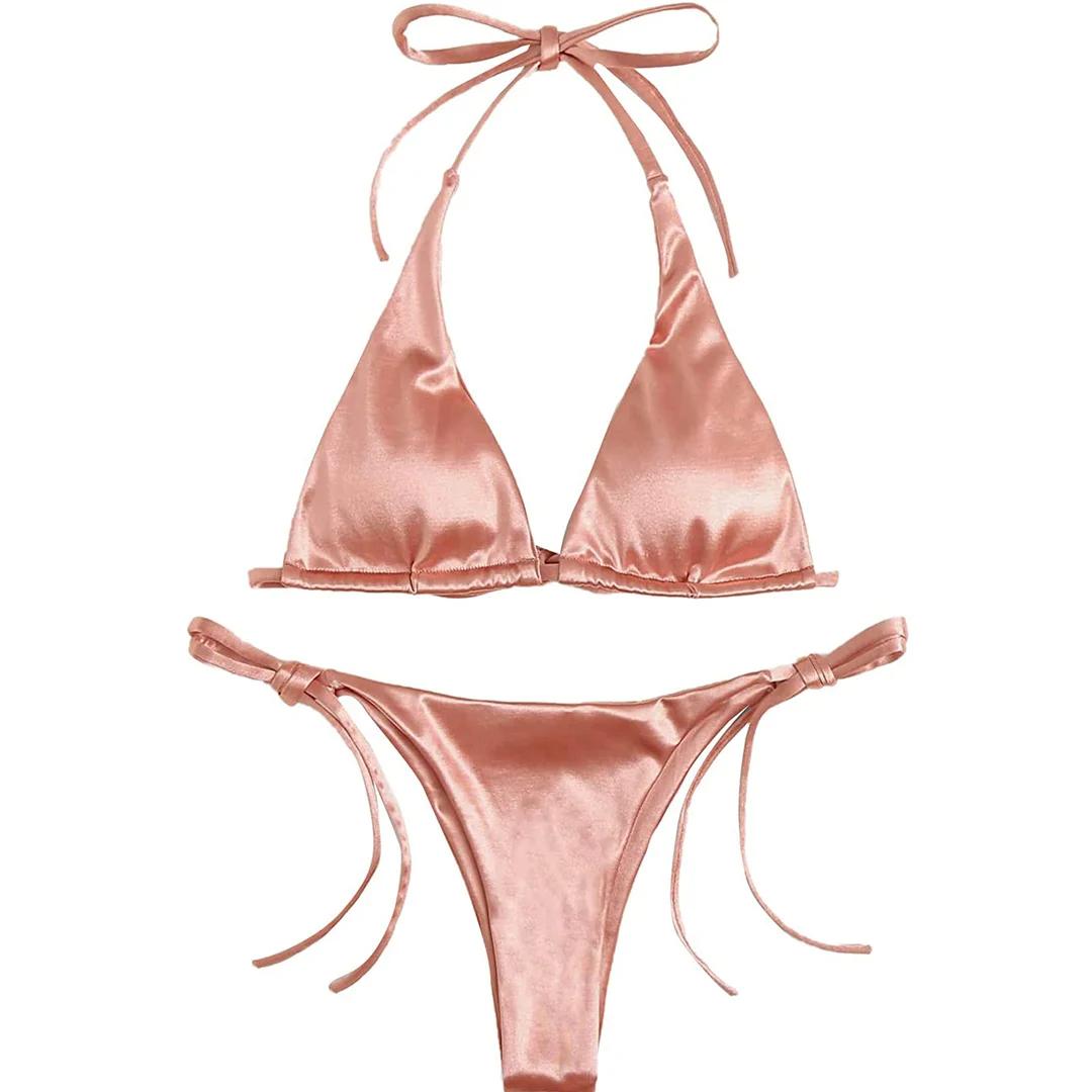 Sexy 13 Farben Neckholder Satin Brasilianischer Bikini Damen Bademode Damen Badeanzug Zweiteiliges Bikini-Set Badesachen Badeanzug Schwimm M rosa