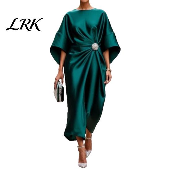Alltags-Freizeitkleid Damen Satin Fledermausärmel Maxikleid, Strassstein-Akzent Rundhalsausschnitt Lockere Passform Damen Abendparty A-Linie Formell Hochzeit M grün