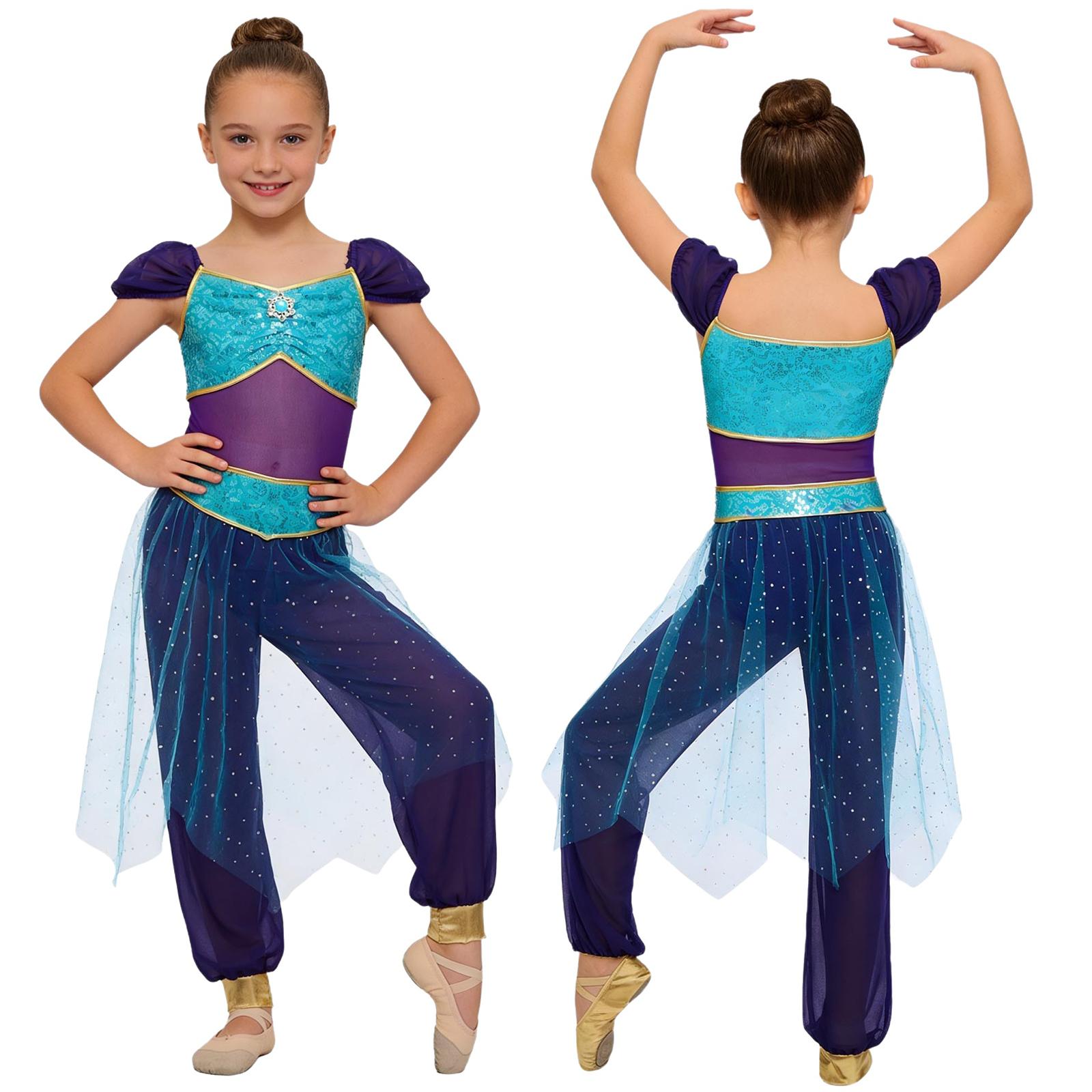 Mädchen Arabische Prinzessin Bauchtanz Strampler Kontrastfarbe Strasssteine Verzierungen Pailletten Taille Tüll Überlage Jumpsuit 15-16 Years blau