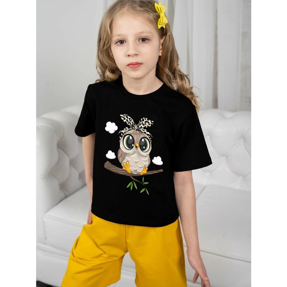 Grafische Cartoon Eulen T-Shirts T-Shirts für Kinder Mädchen Kleidung Kinderbekleidung für Mädchen T-Shirt Mädchen Sommer 5-6Y