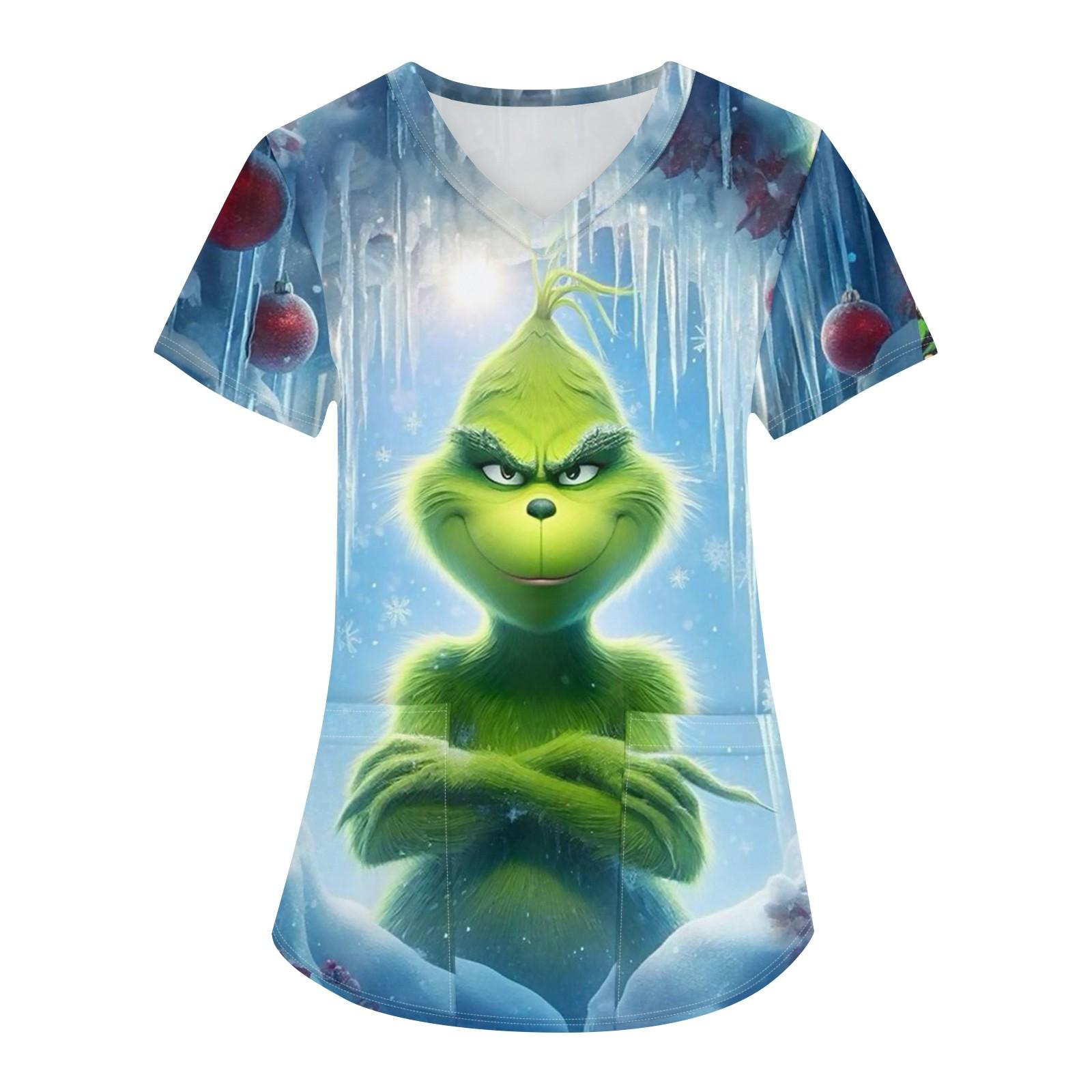 Damen Weihnachtsdruck Uniform Arbeitsuniform V-Ausschnitt Tasche Schutzarbeitsuniform XXL hellblaue