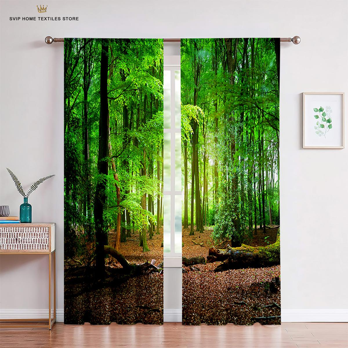 Wald Wald Laub Sonnenstrahlen Tüllvorhang, Gardinen Transparent Voile Vorhang, Gardinen Fensterdekoration, Stück Wohnzimmer, Schlafzimmer, Küche W50X130H(CM)X2PCS&Grommet Top