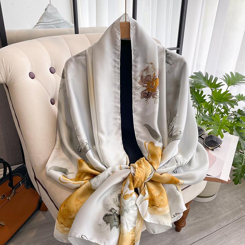 Modisches Satin-Seiden-Schal-Tuch für muslimische Frauen, mit Blumenmuster, Hijab, Herbst, Damen-Hijab, Kopftuch 180*90cm gray