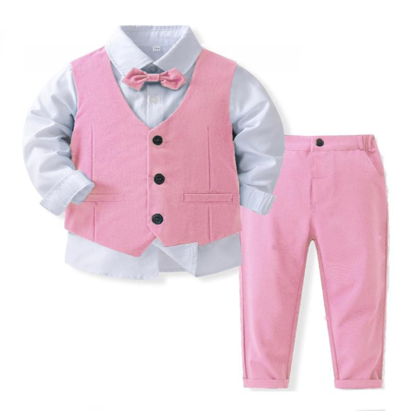 Jungen Gentleman Outfits Geburtstagskostüm Kinder Frühling Herbst Boutique Kleidung Set Solide Weste Anzug Kinder Baumwolle Formelle Kleidung 80cm rosa