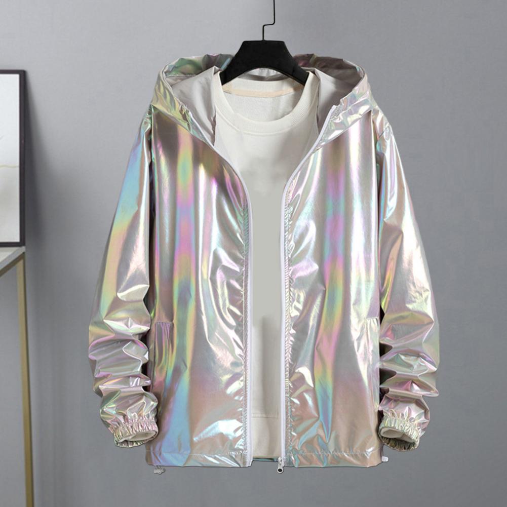 Schwarze, glänzende Jacke für Herren im koreanischen Stil, Hip-Hop-Jacke, schlanke Jacken und Mäntel für Herren, Streetwear-Kapuzenmantel XXXXL silber