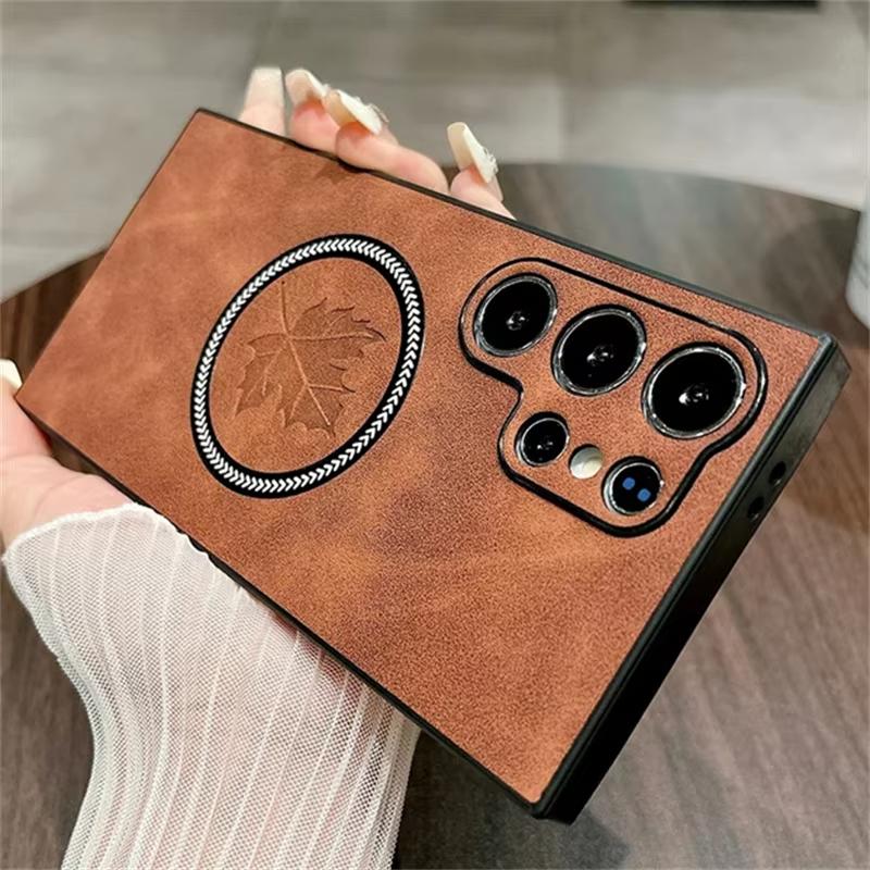 Für Magsafe Leder Ahornblatt Handyhüllen Für Samsung Galaxy S25 S24 S23 Ultra S21 Plus S24 FE Magnetische Kabellose Ladeabdeckung Galaxy S23+