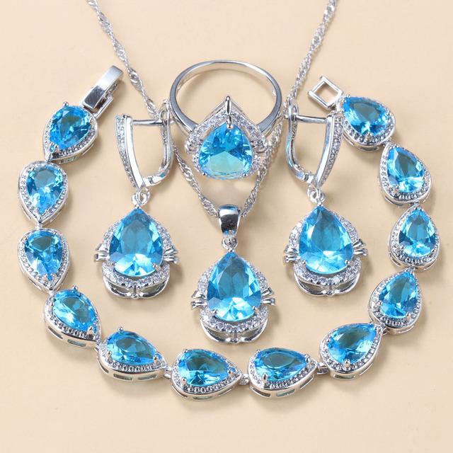 Europäischer und N-Stil Blauer Schmuck Einlege-Edelstein Anhänger Ohrringe Halskette und Ringe Damenanzug 9 gray