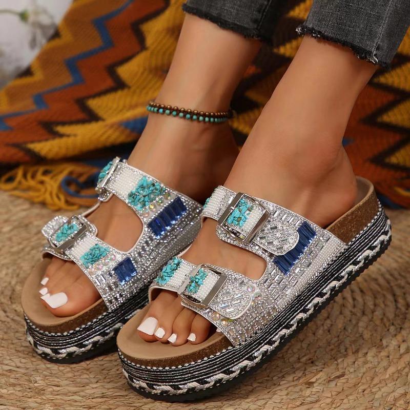 Neue Sommer Damen Übergröße Mode Klobige Sohle Hanfseil Doppelte Schnalle Strass Kork Strand Badeschuhe 42 weiß