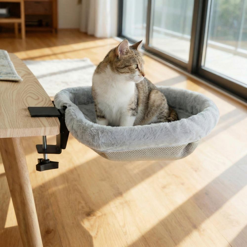 Abnehmbares Katzen-Tischbett Platzsparende Katzen-Schreibtischhängematte Kreativer Katzen-Sitz Ast Buch Schreibtisch grau