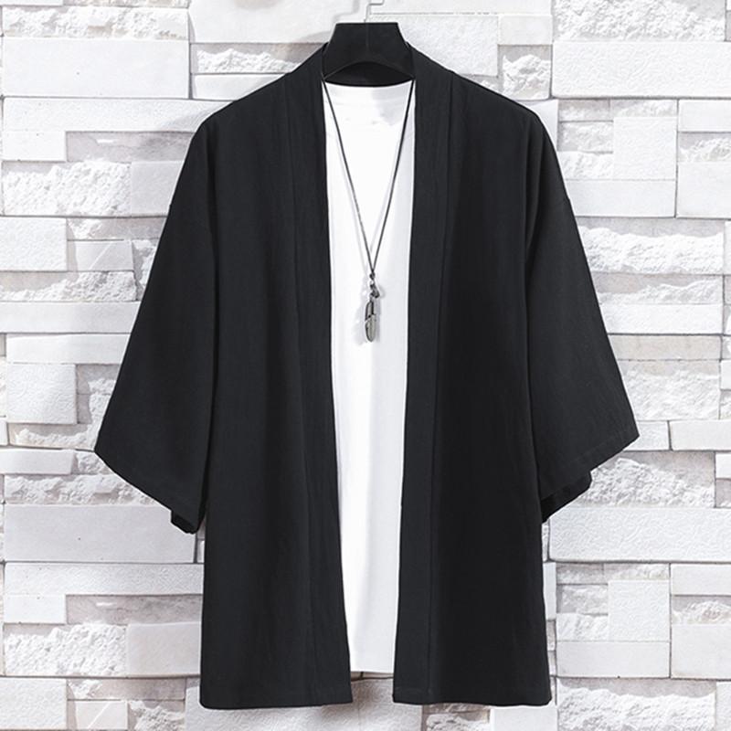 Herren-Kimono mit offenem Stich, japanische Jacken, lässiges Baumwollhemd mit 3/4-Ärmeln, offener Vorderseite, Mantel, leichte Leinenoberteile XXXL schwarz
