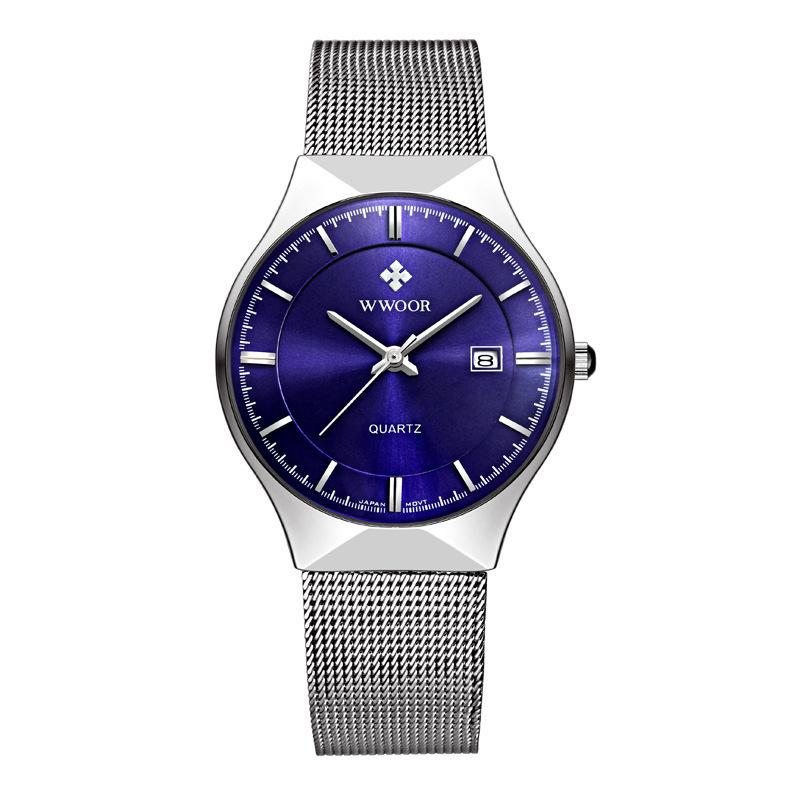 WWOOR Uhr Herren Luxus Ultraflach Lässige Herrenuhr Blau Wasserdicht Edelstahl Quarz Automatisches Datum Mode Herrenuhren silber/blau