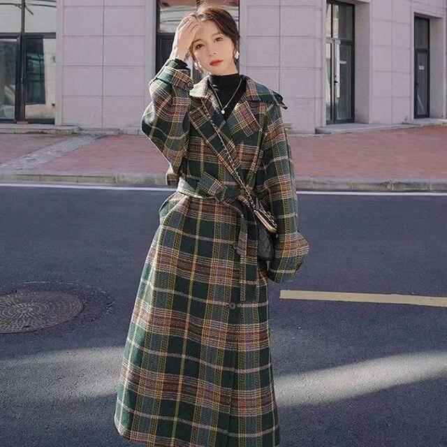 Frauen Mantel Oberbekleidung Winter Kleidung Mode Warme Wollmischungen Weibliche X Lange Elegante Zweireiher Woll Mantel Plaid M grün