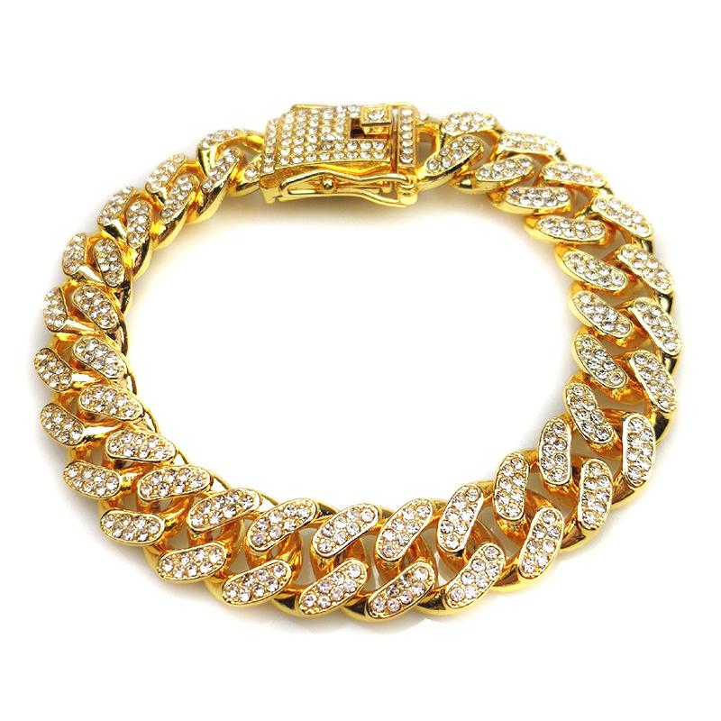 Hip Hop Shiny Cuban Link Kette Armbänder Frauen Männer Strass Kette Armbänder Punk Armband Schmuck Geschenk 7.3inch 18.5cm gold