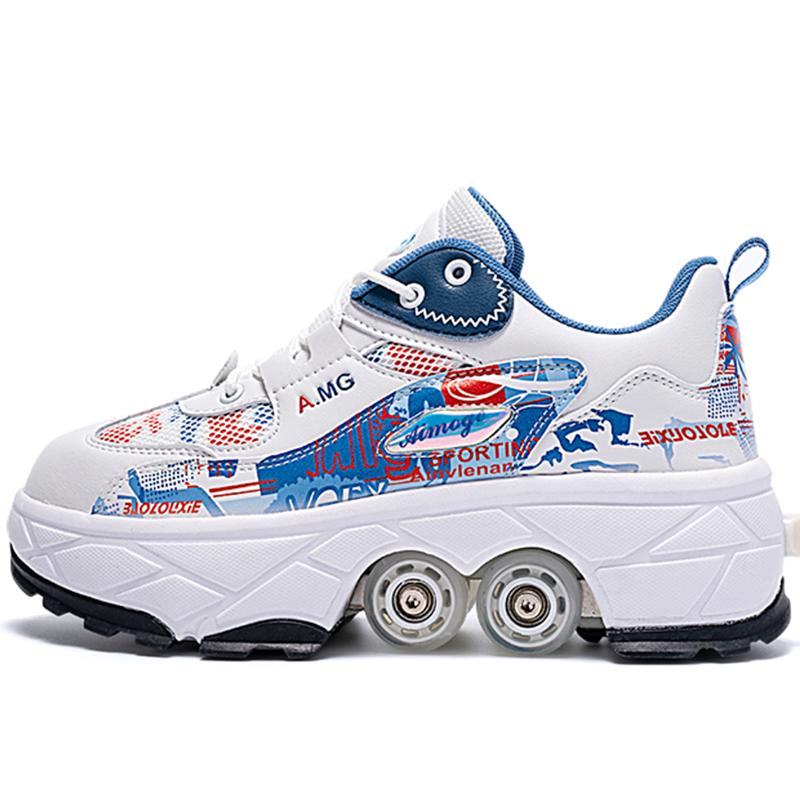 Roller Roller Schuhe 4-Rad Deformationsschuhe Rollschuhe Herren und Damen Erwachsene Ausreißerschuhe Schlittschuhe Schuhe mit Rädern 42 blau