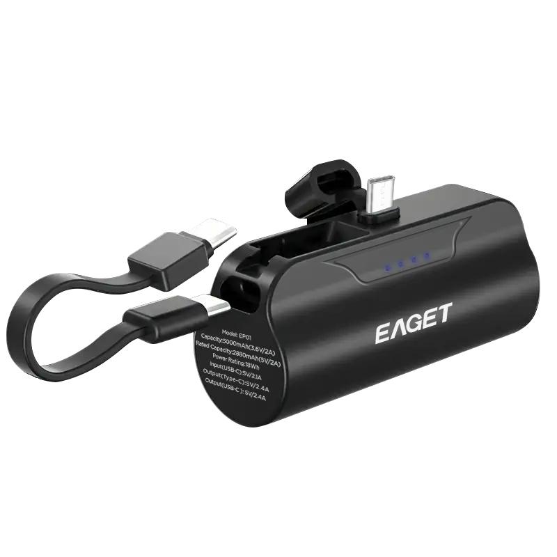 Tragbare Powerbank von EAGET mit 5000 mAh, Mini-Taschen-Handyladegerät mit eingebautem Kabel, Dual-Port Typ C für 15 Pro/15 Pro Max Android-Telefone. schwarz