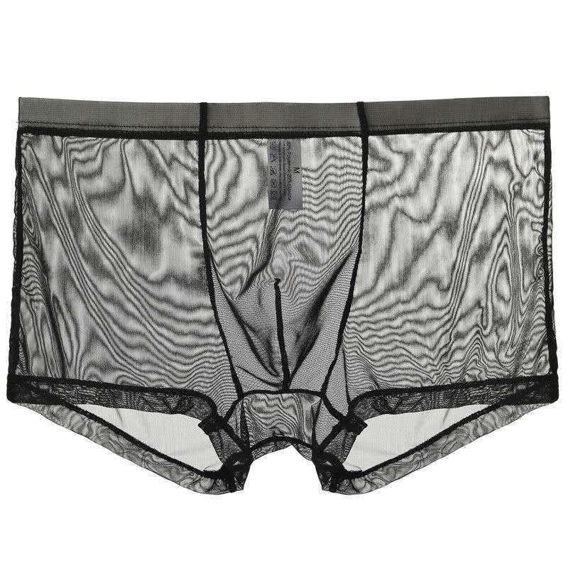 Vollständig transparente Herren Sexy Boxer-Slips, dünnes Eis-Seiden-Mesh, große Größe, vierseitige Eis-Seiden-Boxershorts mit Druck XL
