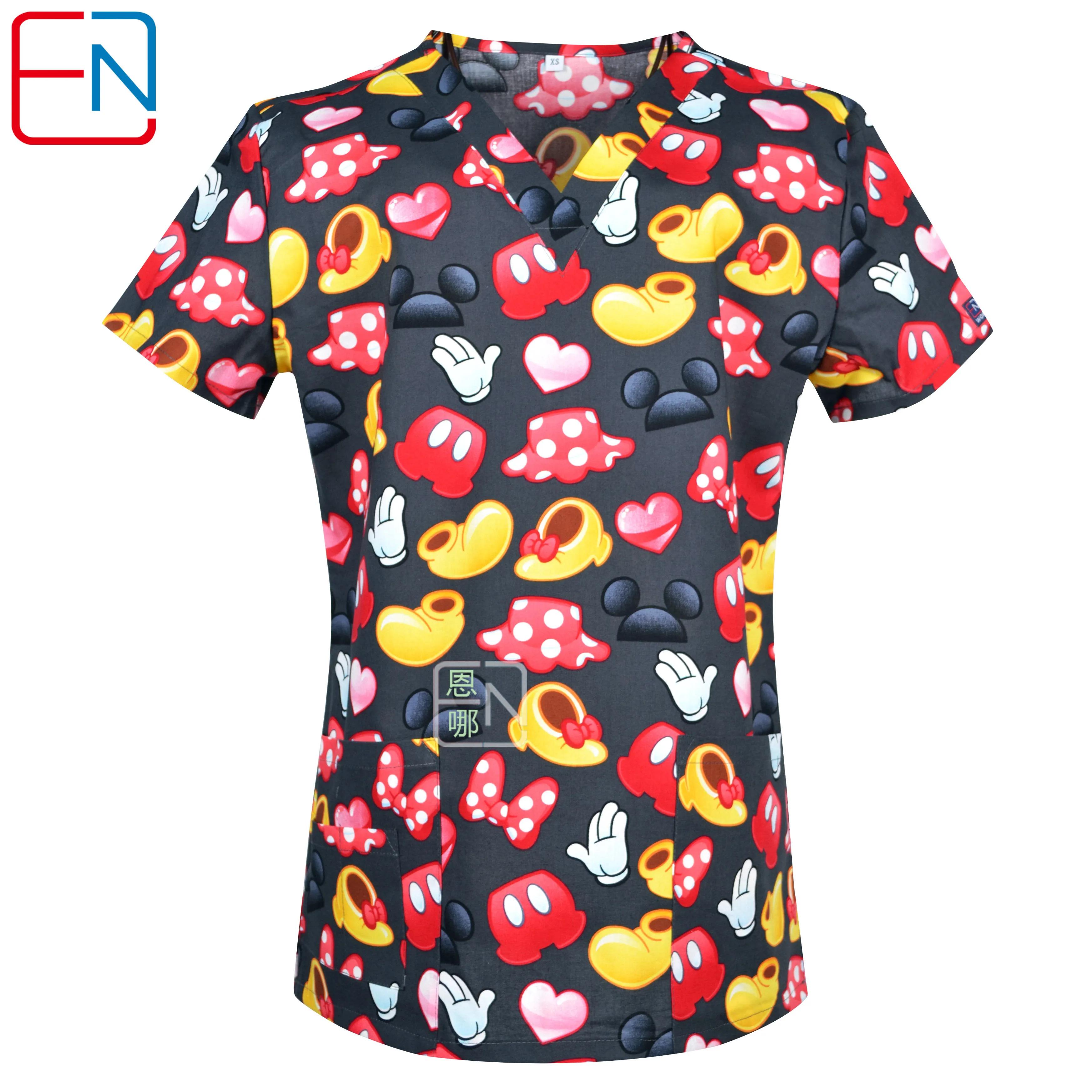 Hennar Damen Kasack 100% Baumwolle mit Print Uniformen V-Ausschnitt Kurzarm XXS-3XL Krankenhaus Klinischer Kasack Kasack Top XL