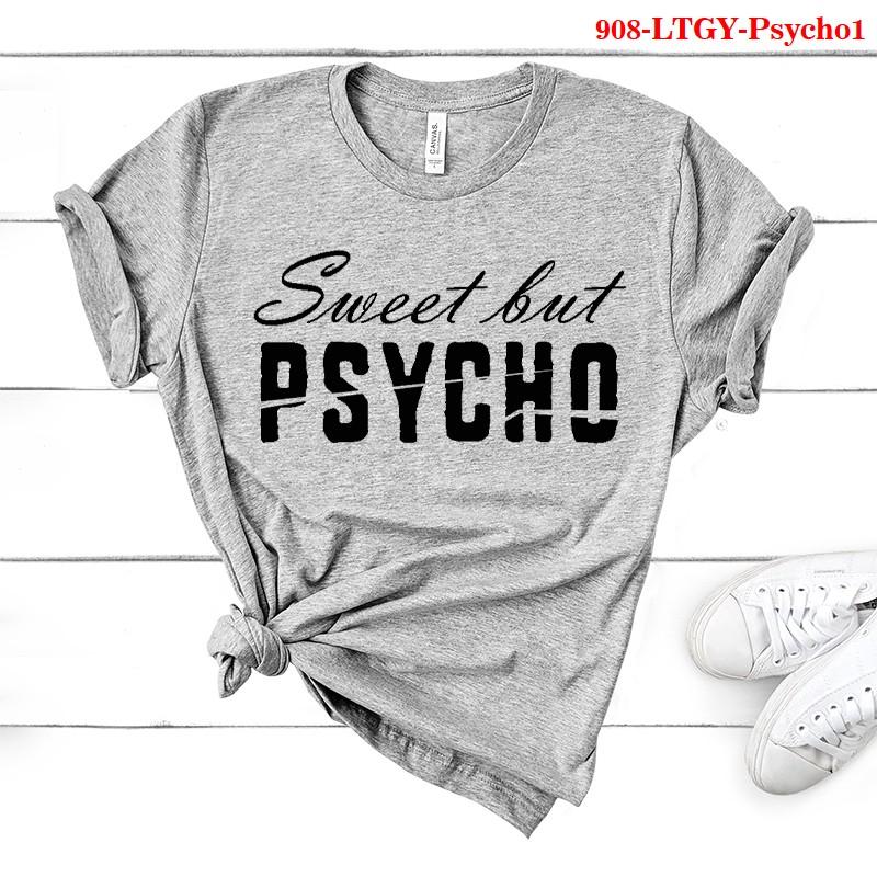 Damenmode Casual O-Ausschnitt Kurzarm T-Shirts Sweet But Psycho Print Tops Sommer weiche Shirts XXL licht grau