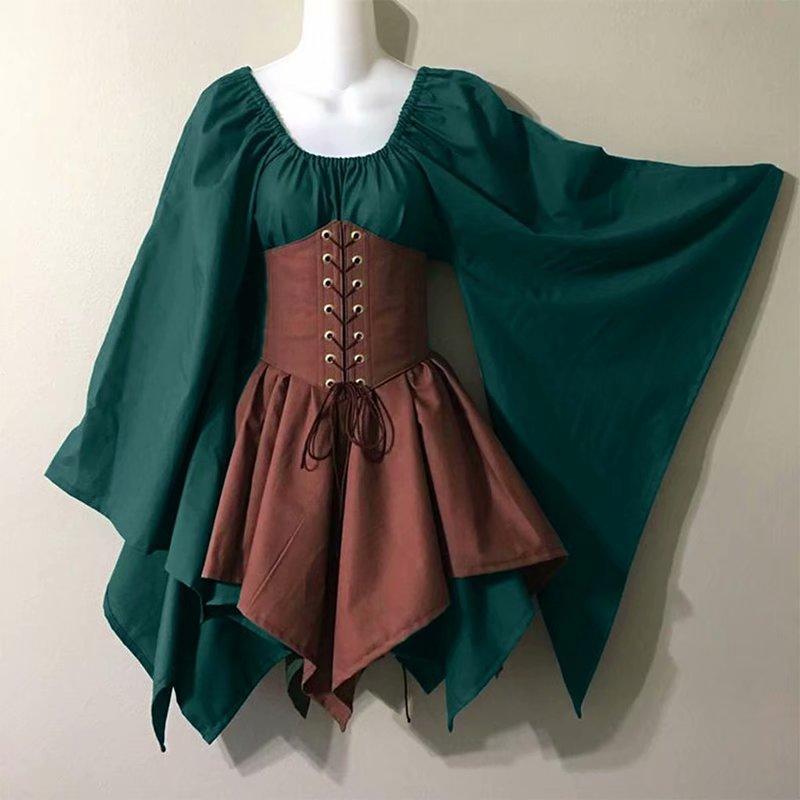 Mittelalterliche Cosplay-Kostüme, Gothic-Retro, Waldelfe, Fee, Fantasie, Taillenkorsett-Set, Oberteil und gezackte Röcke S khaki/grün