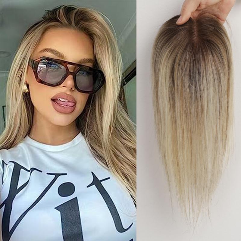 HAIRCUBE 12 Zoll Remy-Echthaar-Topper, Seidenspitze, Basisclip, Braun, Gemischt, Grau, Aschblond, Haar-Topper in Haarverlängerung für Frauen bei Haarausfall
