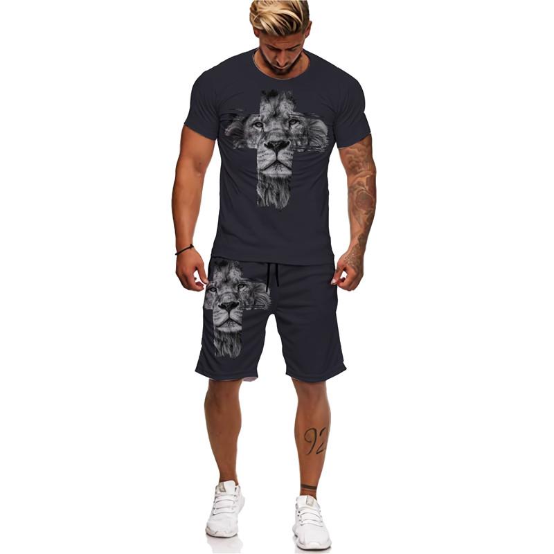 3D Jesus liebt alle christliches T-Shirt Sommer Herrenanzug Kurzarm Shorts Löwe Kreuz Print Streetwear 2 Stück Activewear L