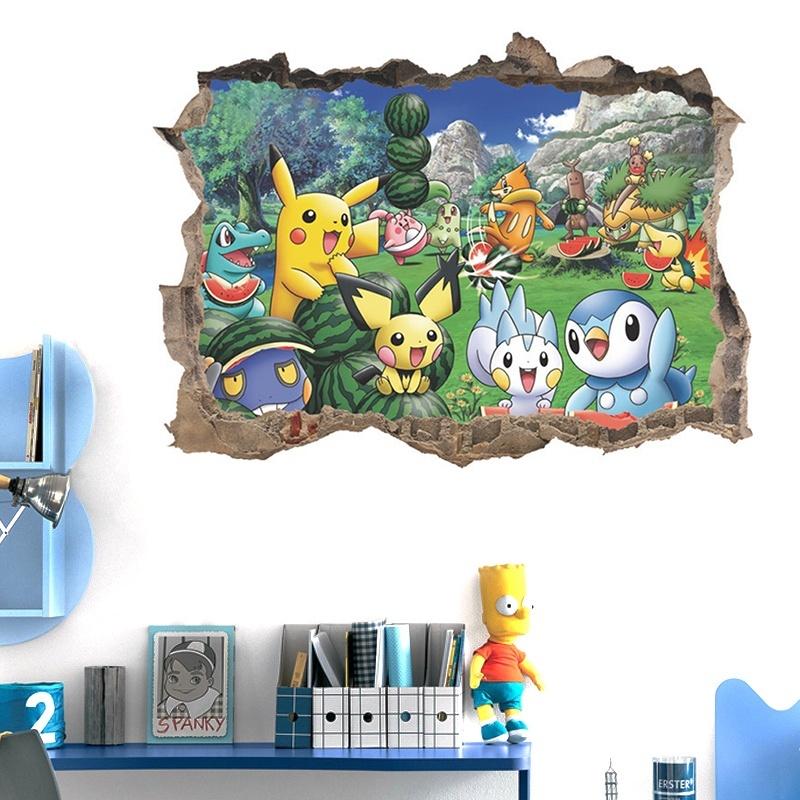 3D Cartoon Gebrochene Wandaufkleber Kinderzimmer Pokemon Wandaufkleber Kinderzimmer Dekoration Malerei Hintergrund Wandbild