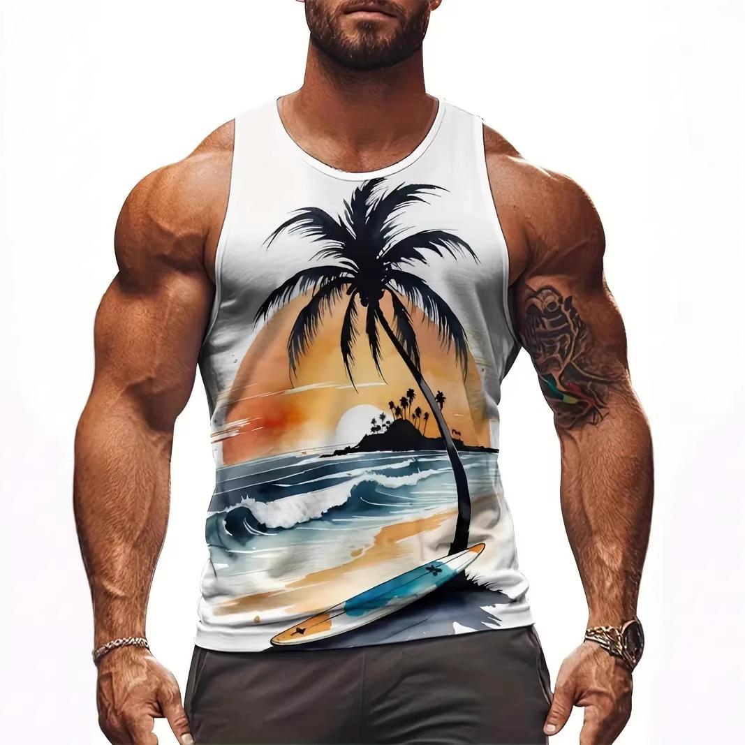 Herren Weste Palme Print Weste Strandurlaub Sportweste Modisch Bequem Sport Fitness Atmungsaktiv Ärmellose Weste S