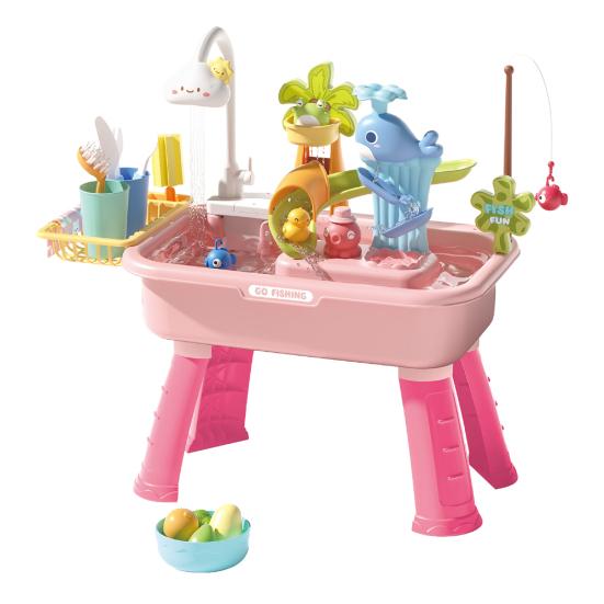 Kleinkinder Sand- und Wassertisch Spielzeug, mit Wasserhahn, Spielzeug-Essenszubehör, Angelspielzeug, Spielküchenbecken Spielzeug mit elektrischer Wasserpumpe für Jungen, Mädchen rosa