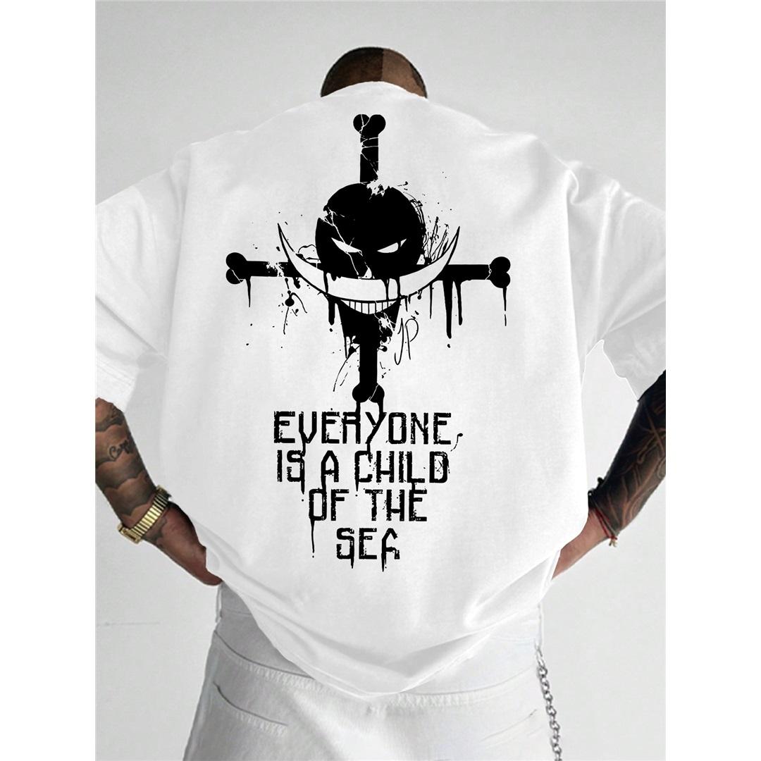 ONE PIECE Animations-Derivate Weißbart Edward·Newgate Bedrucktes Kurzarm-T-Shirt Herrenmode Lockeres Baumwoll-Oberteil S