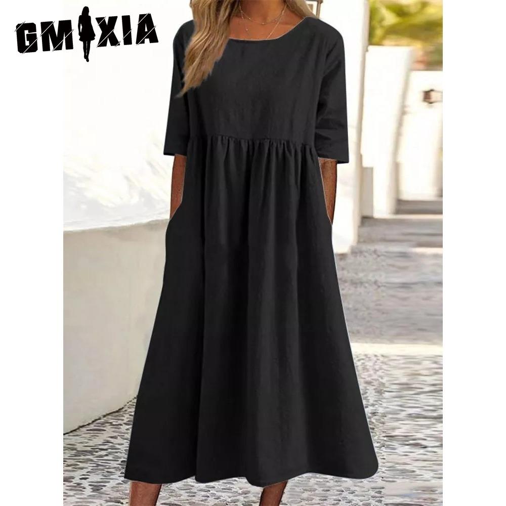 Frühling Sommer Damen O-Ausschnitt Kleid Lässig Locker Lange Kleider Übergrößen Kleider XXXL schwarz