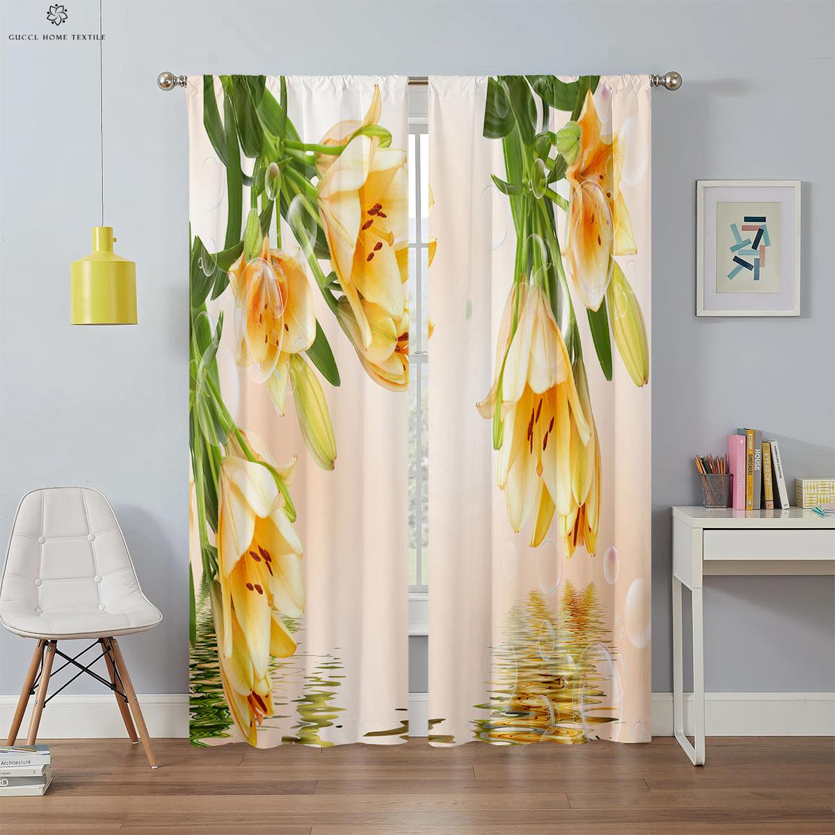 3D Dreidimensionale Blumen Schmetterling Druck Vorhänge Blumen Auf Dem Wasser Schlafzimmer Wohnzimmer Küche Fenstervorhänge 2 Stück W50xH130(CM)x2PCS&Grommet Top