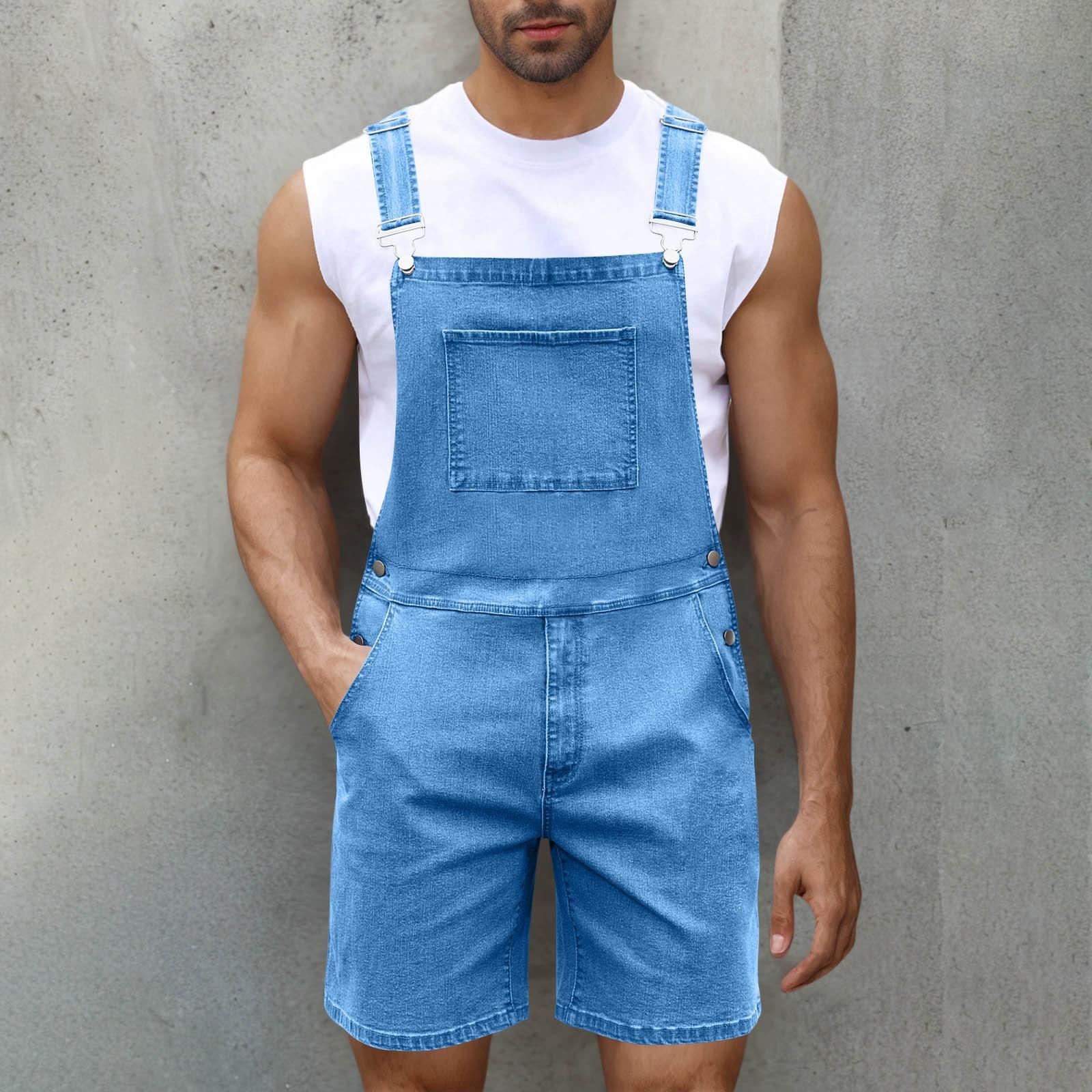 Herrenmode Einfarbig V-Ausschnitt Knopf Tasche Washed Water Denim Verstellbarer Kurzträger Jumpsuit L hellblaue