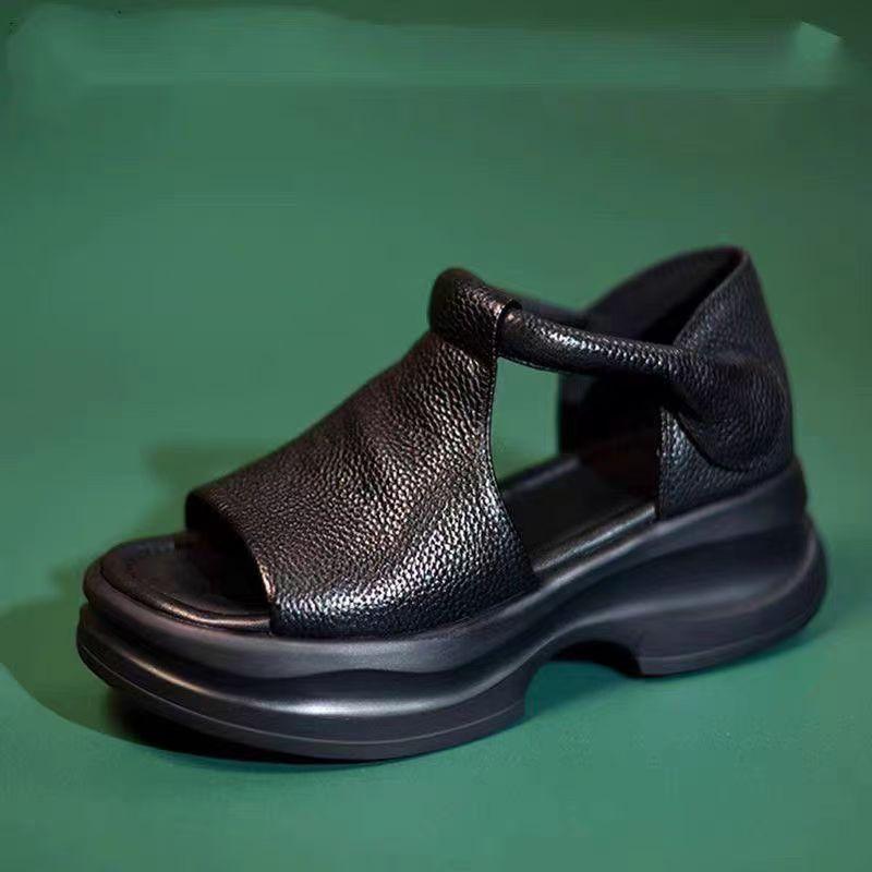 Damen Leder Ausgeschnittene Dicke Sohle Peep Toe Sandalen Sommer Neue Retro Absatzsteigernde Outdoor Strand Sandalen Keilabsatz Sandalen 36 schwarz